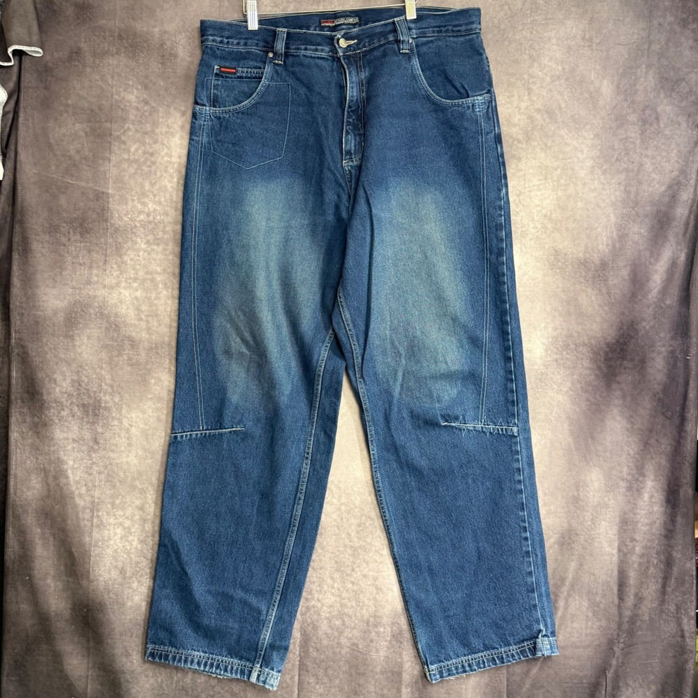 Vintage FUBU Circa-XCII Baggy Blue Denim Jeans Mens 38x34 Y2K Hip Hop Streetwear